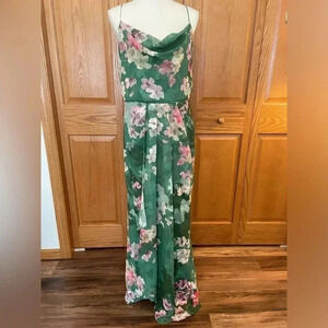 Adrianna Papell Cowl Jacquard Chiffon Floral Garden Print Gown Size 12
